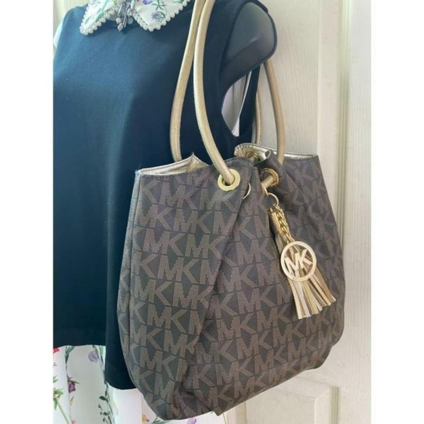 michael kors bag large all over brown gold coated