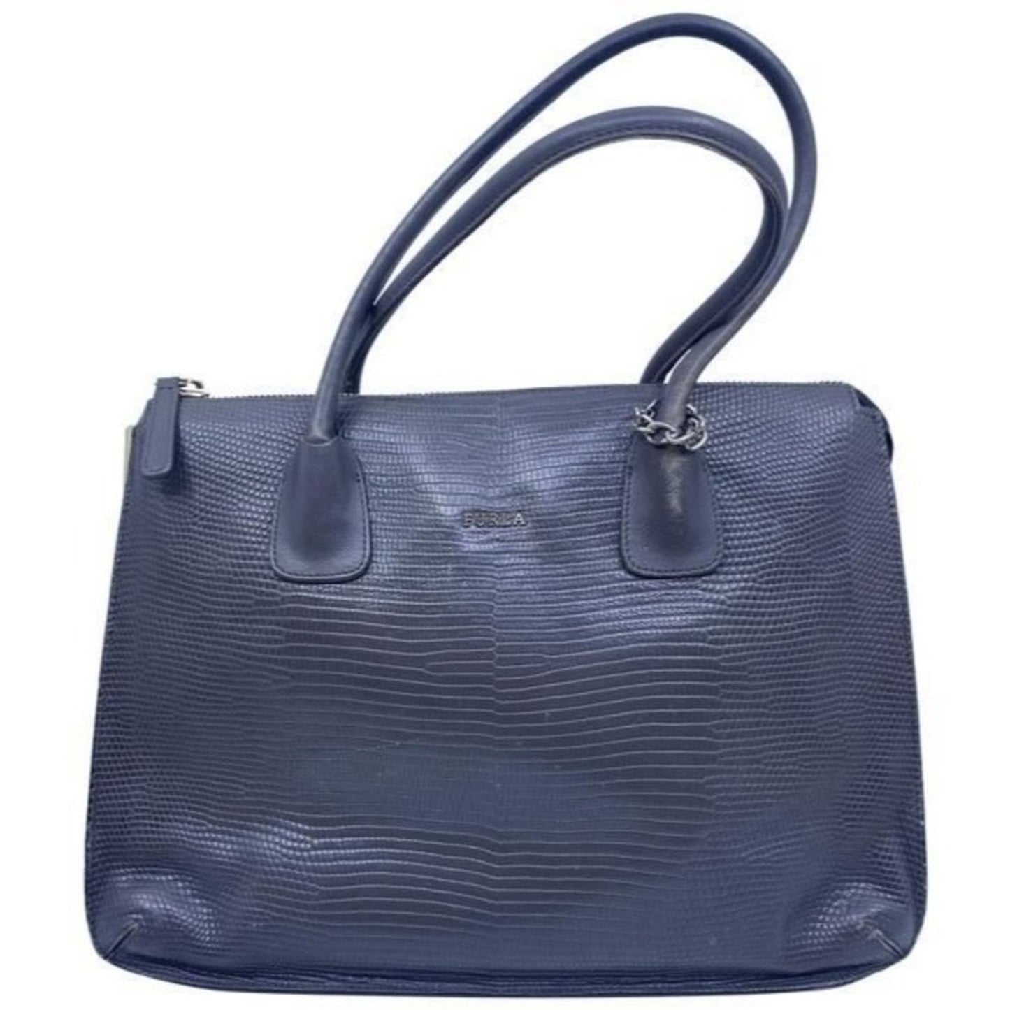 Furla Unique Vintage Snake Print Metal Side Supports Gray Leather Tote