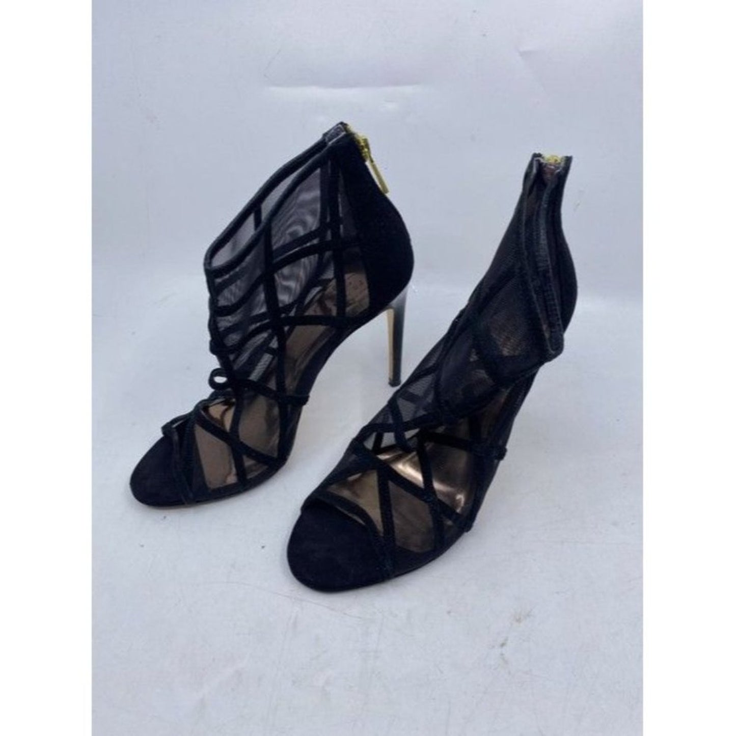 Black Xstal Mesh Peep Toe Heels In Leather Bootsbooties Size Eu