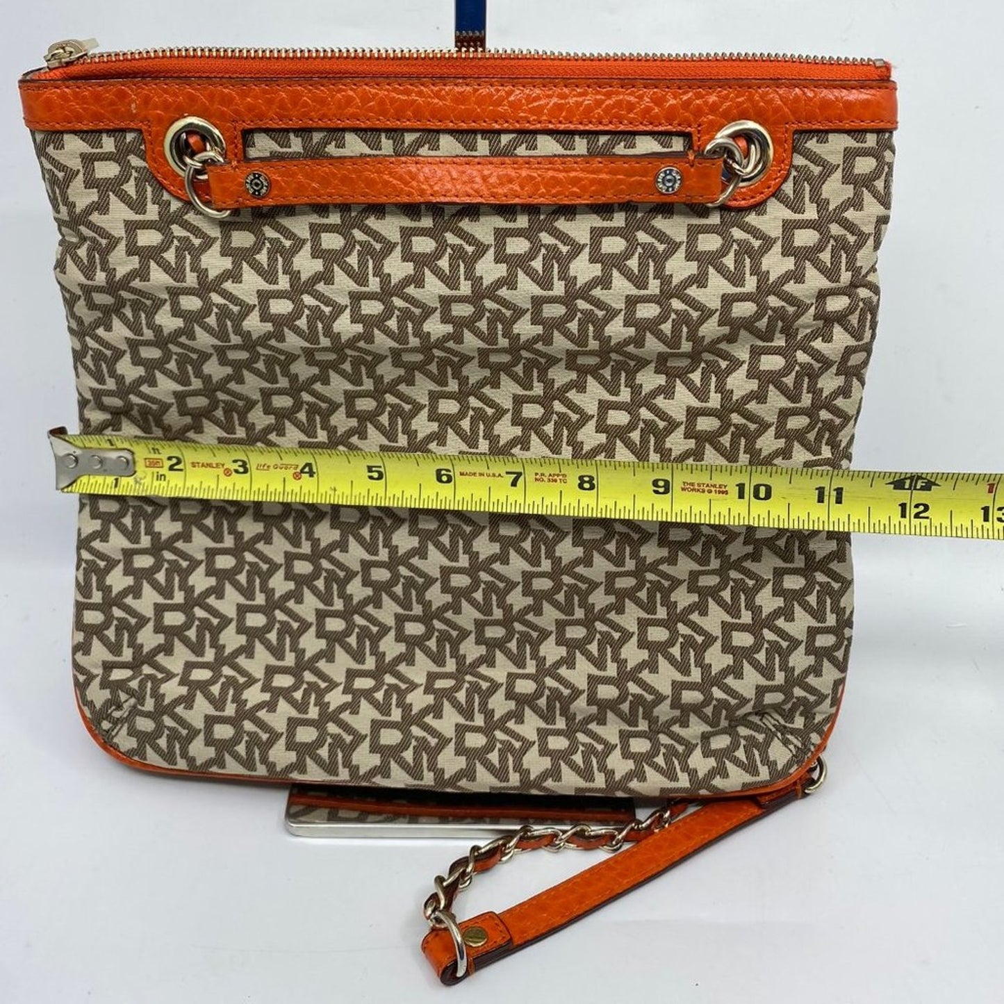DKNY Tan Orange All Over Logo Fabric Shoulder Bag
