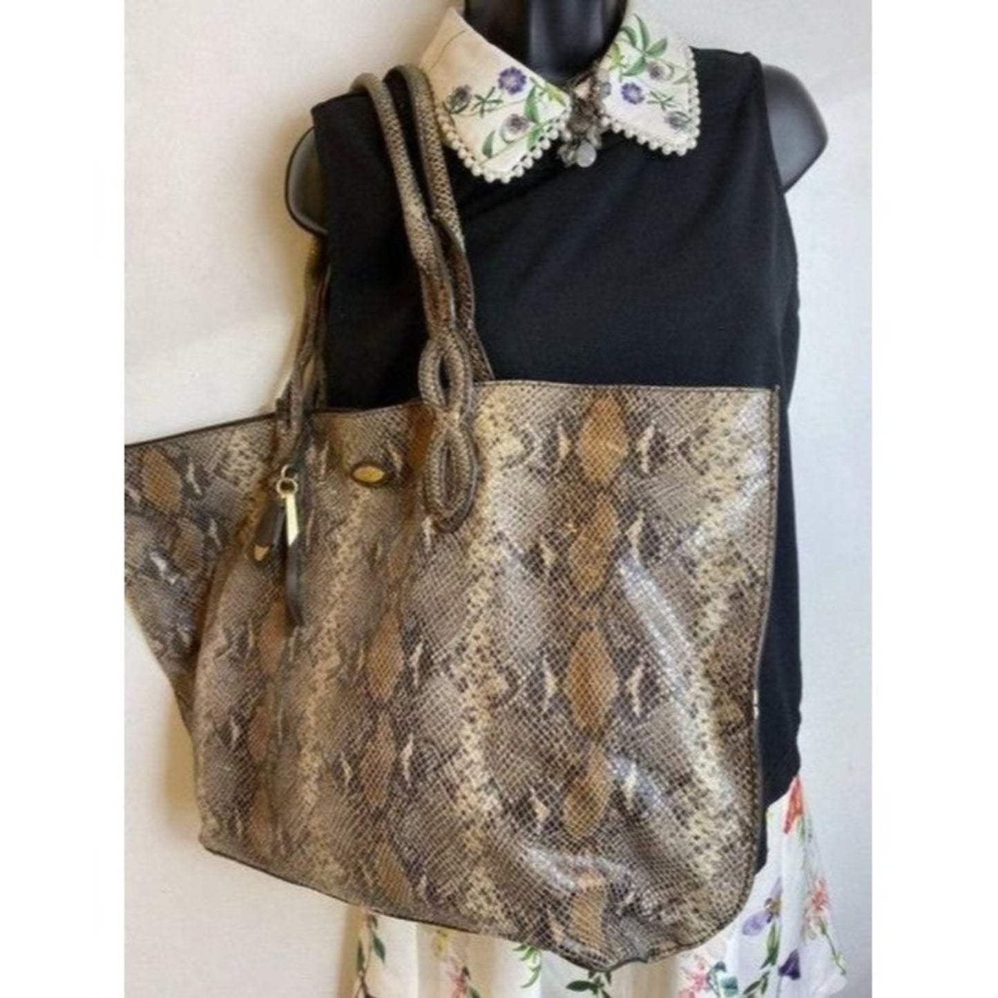 Elie Tahari Snake Print Brown Beige Leather Shoulder Bag