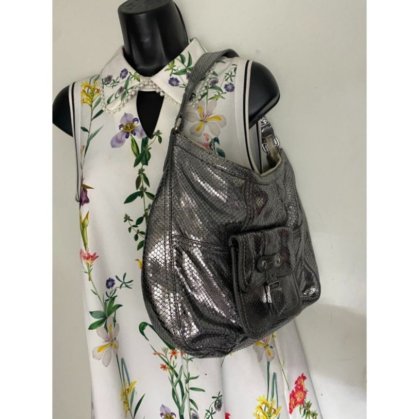 COLE HAAN Silver Snake Print Leather Hobo Bag