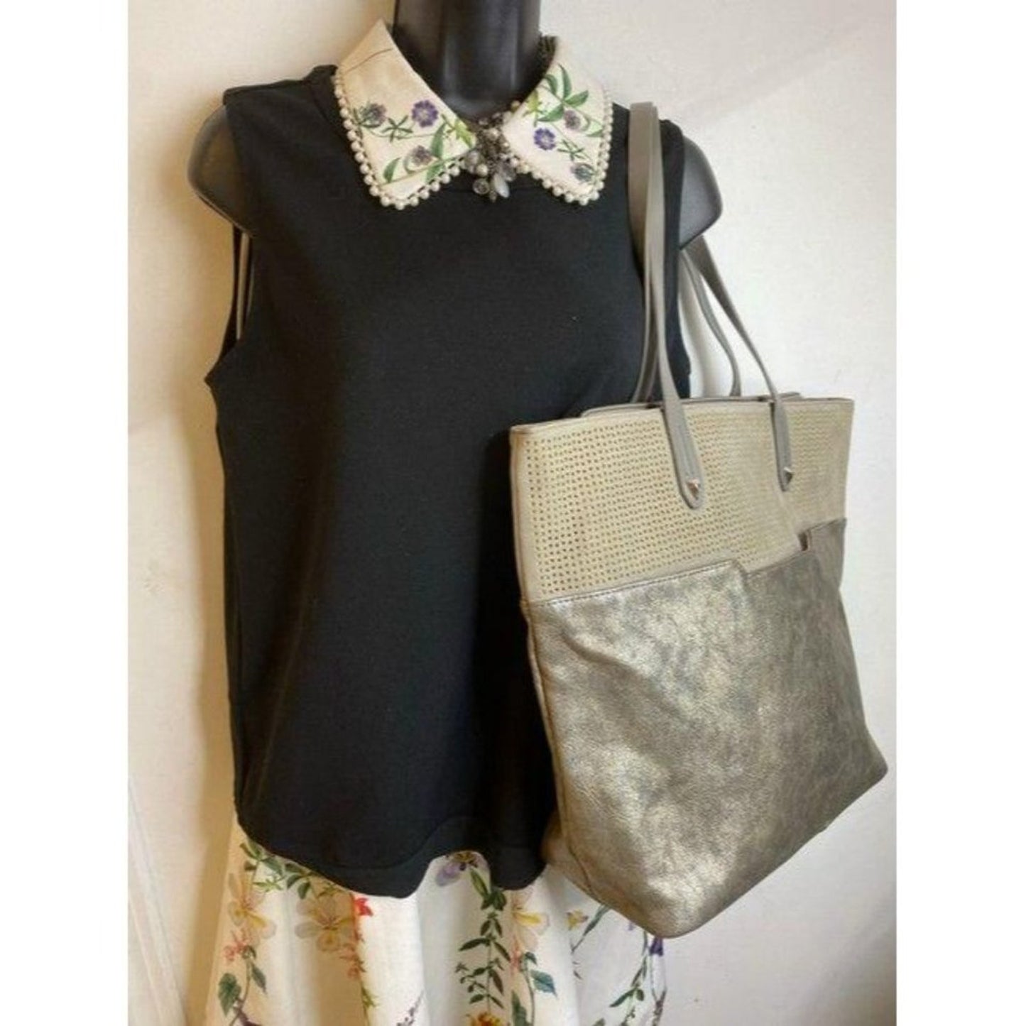 stella and dot bag large shoulder gray gold leathe