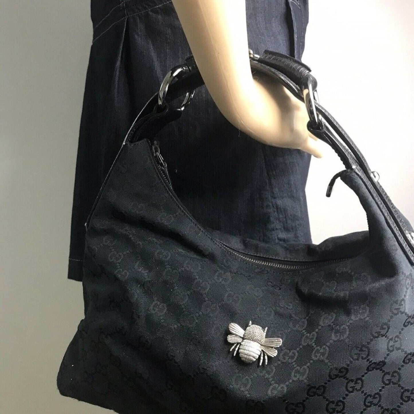 GUCCI Black Hobo Bag W/ Customized Vintage Bee