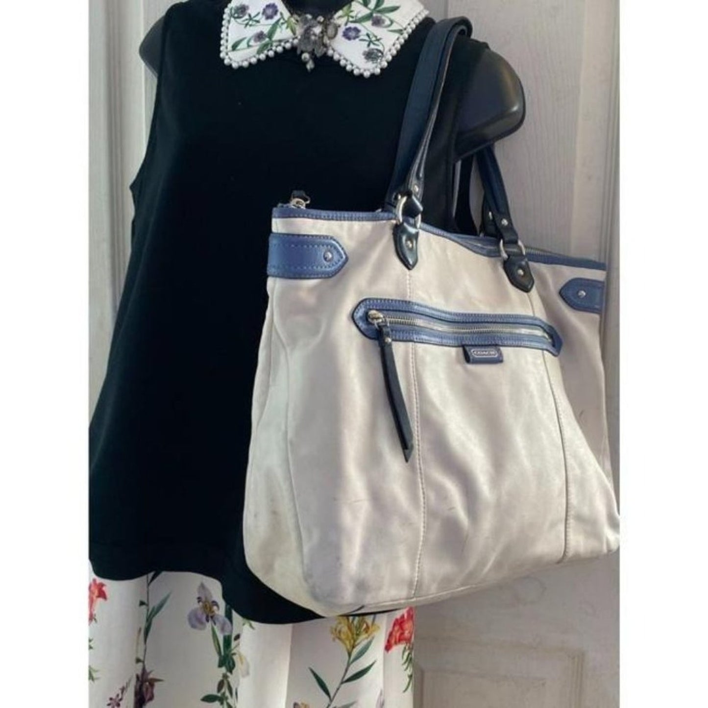 COACH XL White Blue Leather Shopping Tote Bag