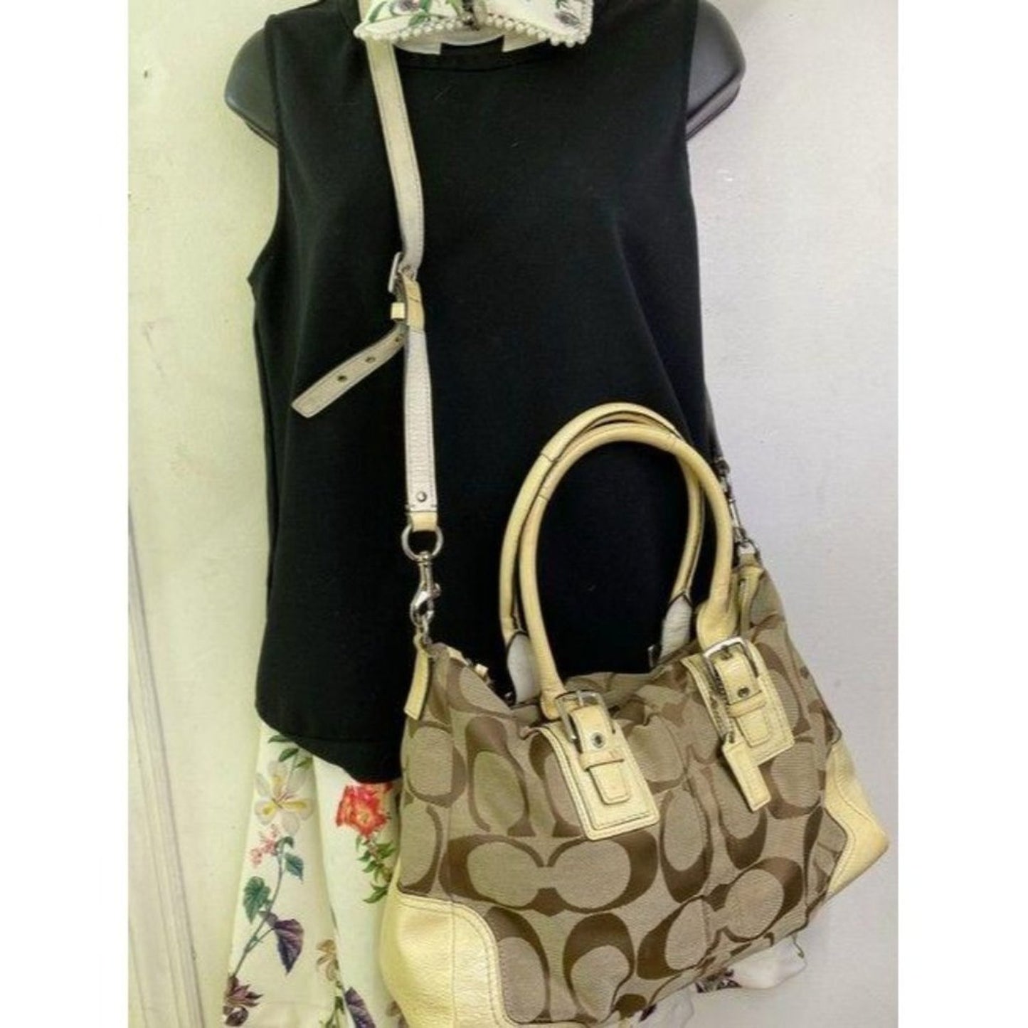 coach bag cream black fabric tote