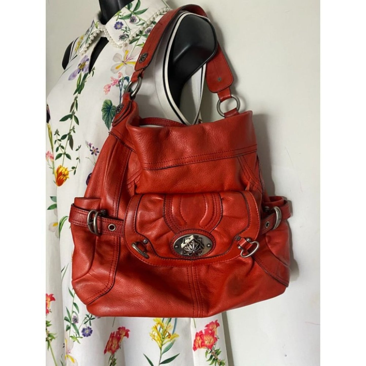 B. Makowsky Orange Large Leather Shoulder Bag