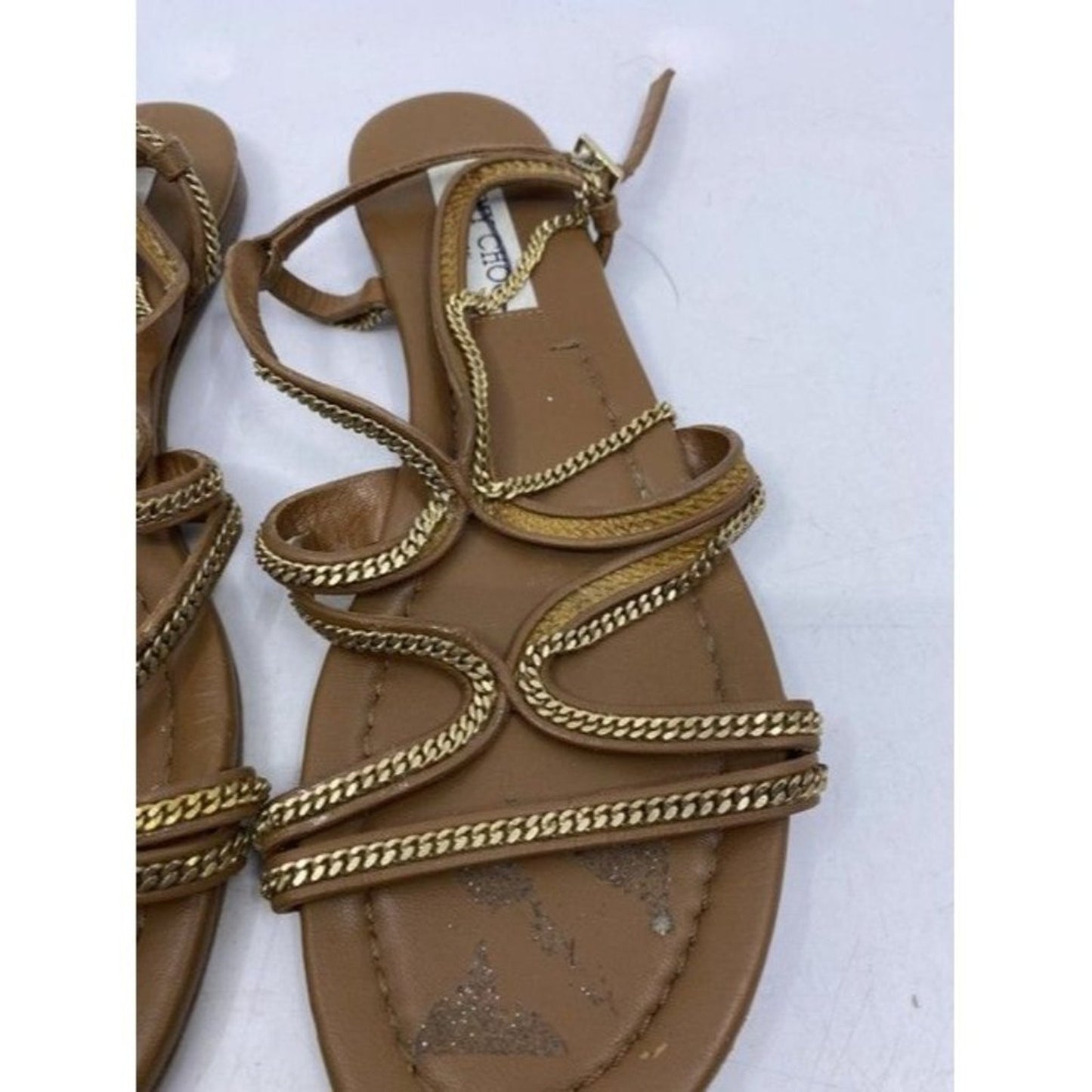 Jimmy Choo Brown Nickel Flat Tan Leather With Chain Sandals Size Eu