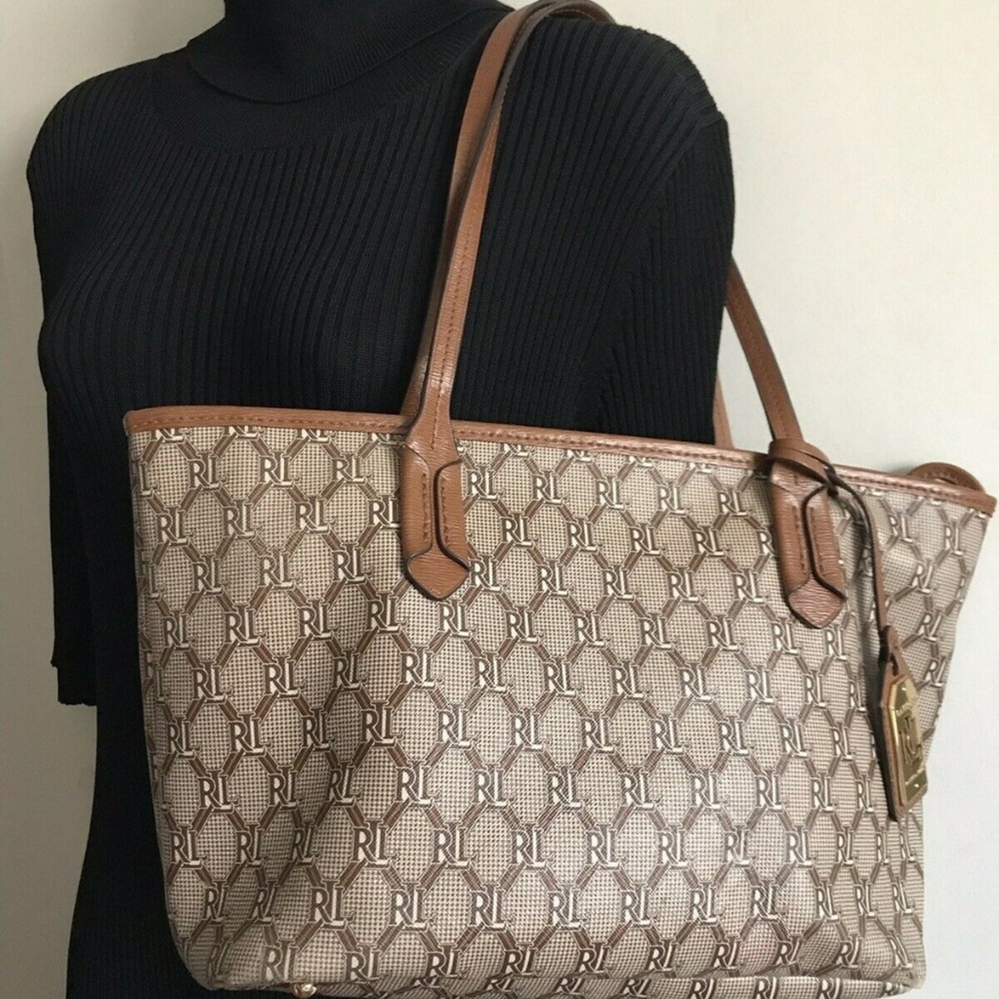 RALPH LAUREN Medium Brown Leather Logo Tote