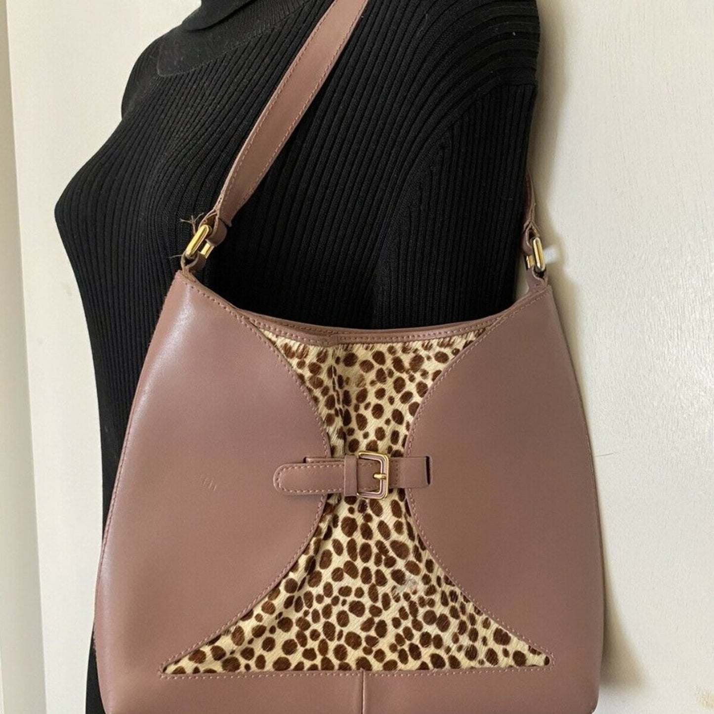 FURLA Pink Leather Animal Print Fur Contrast Handb