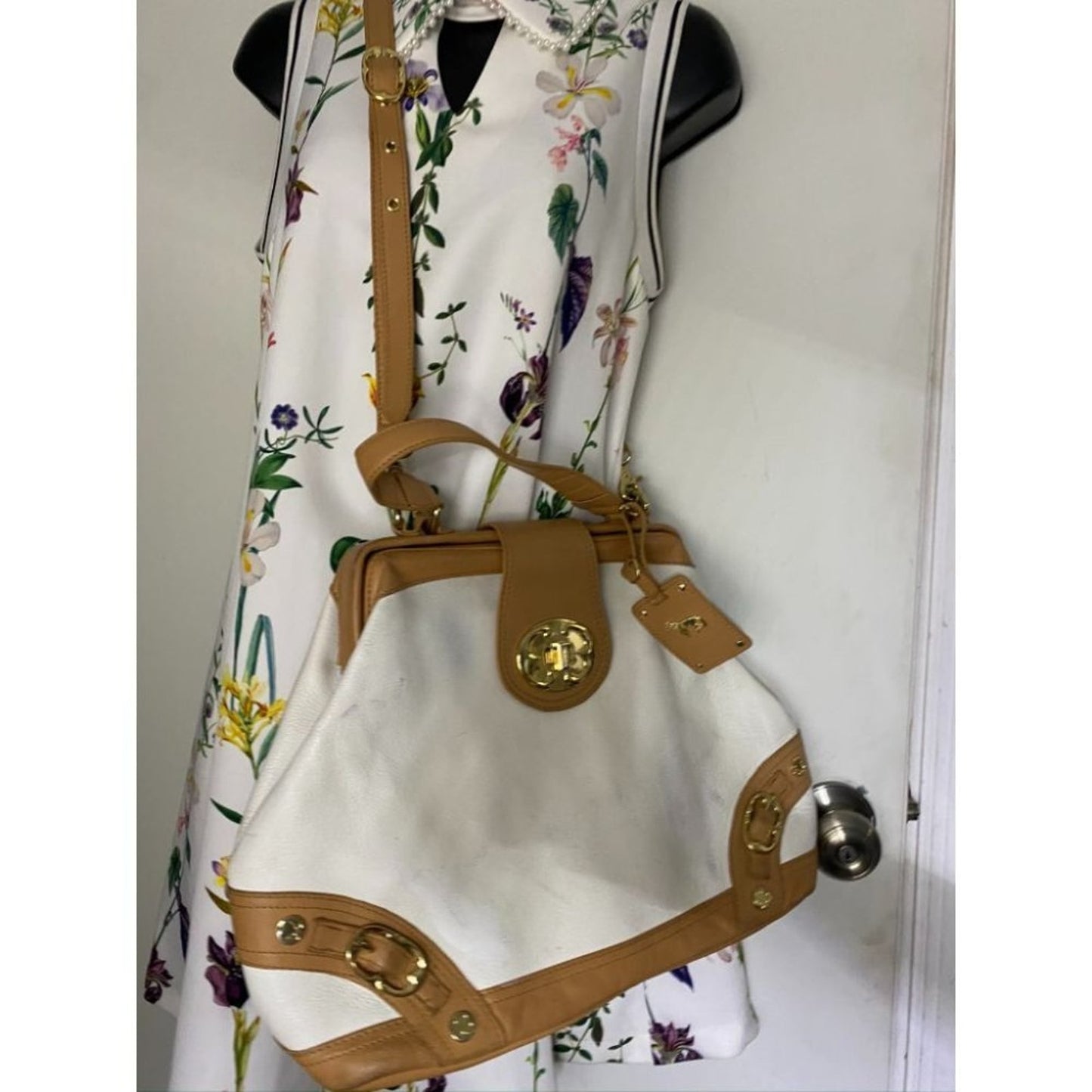 Emma Fox Large White Tan Tote Bag