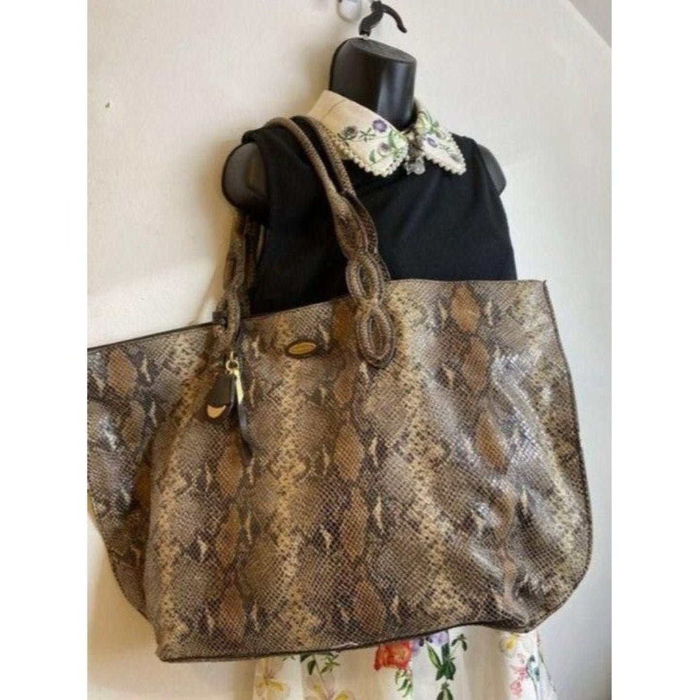 Elie Tahari Snake Print Brown Beige Leather Shoulder Bag