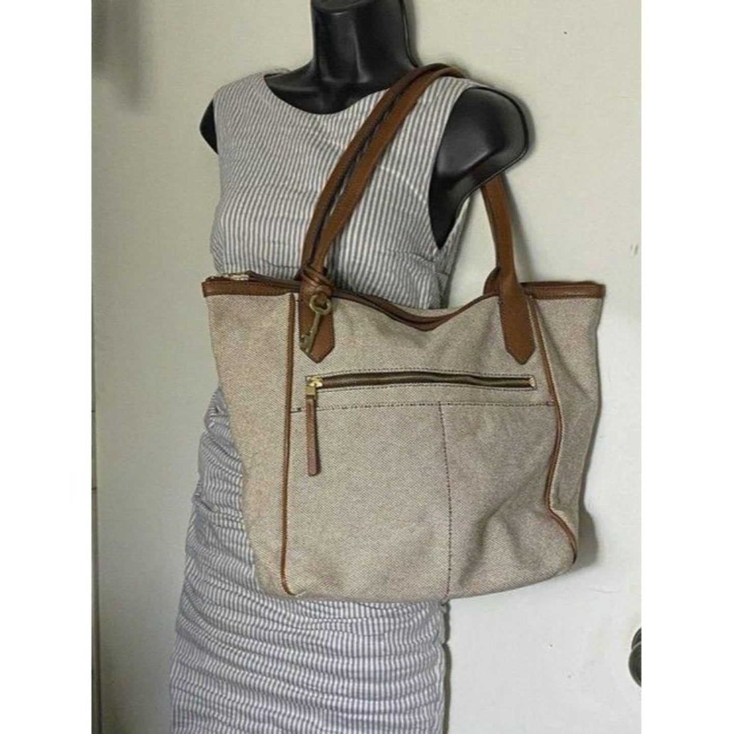 Fossil Tote Brown White Nylon Fabric Shoulder Bag
