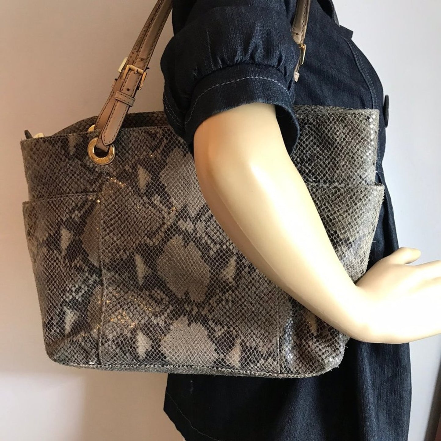 Michael Kors Gray Tan Snake Print Leather Tote Bag