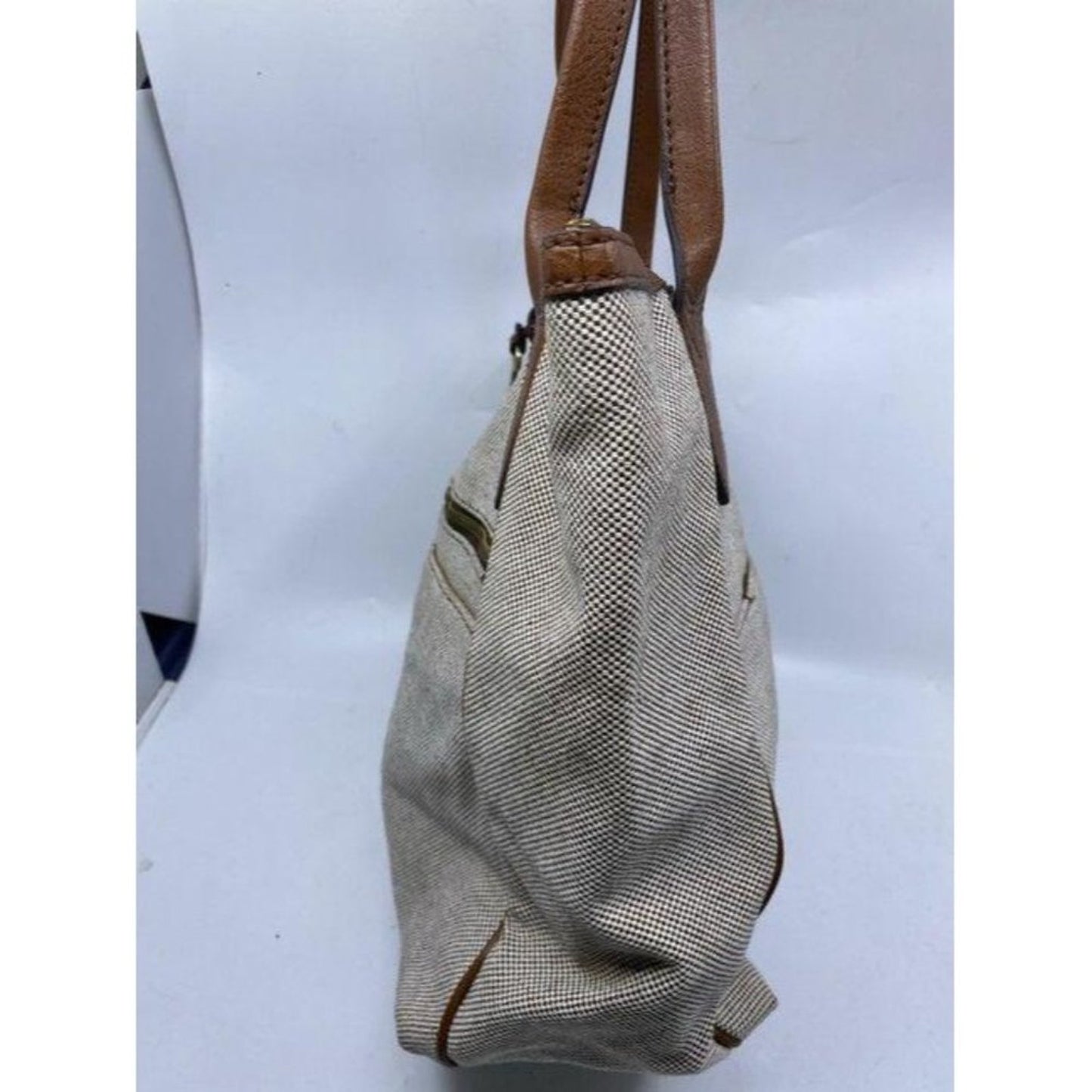 Fossil Tote Brown White Nylon Fabric Shoulder Bag