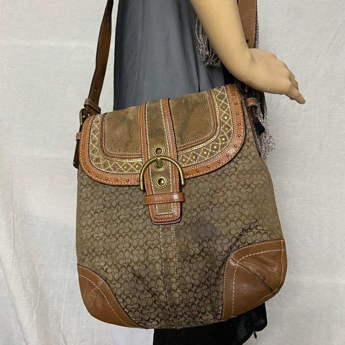 COACH XL Tan Brown Jacquard Fabric Crossbody Bag