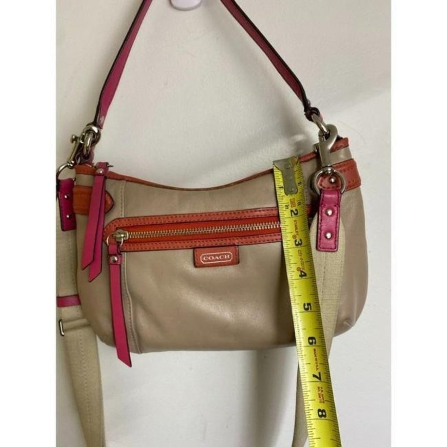 coach medium w adjustable strap tan pink leather c