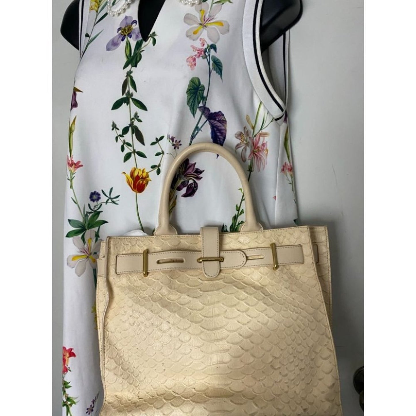 FURLA Croc Embossed Beige Leather Handbag