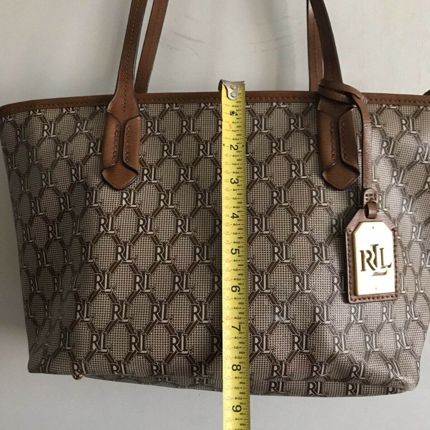 RALPH LAUREN Medium Brown Leather Logo Tote