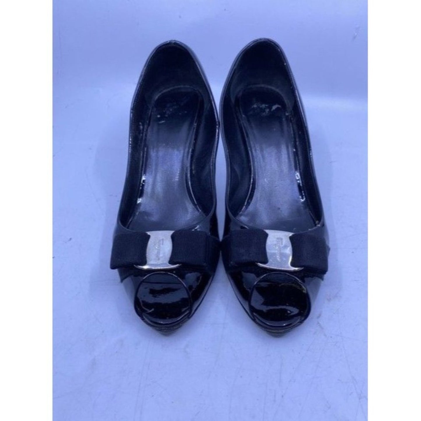 Salvatore Ferragamo Black Ribes Open Toe Bow Pumps Size Us
