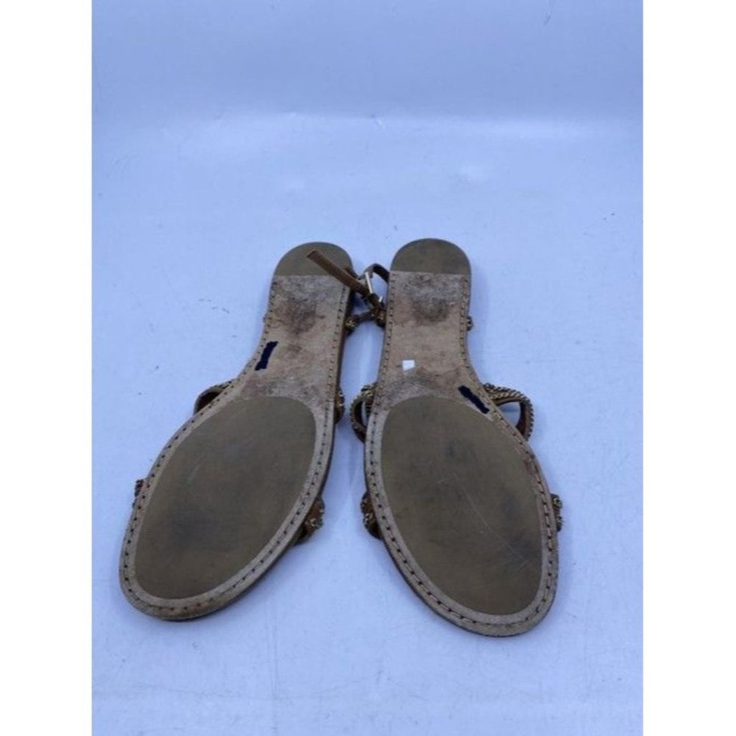 Jimmy Choo Brown Nickel Flat Tan Leather With Chain Sandals Size Eu