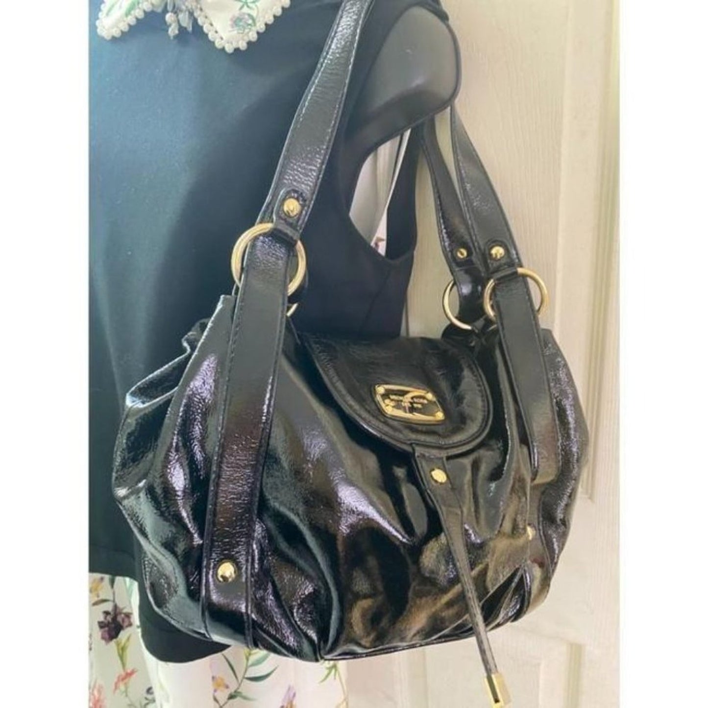 michael kors large black patent leather shoulder b