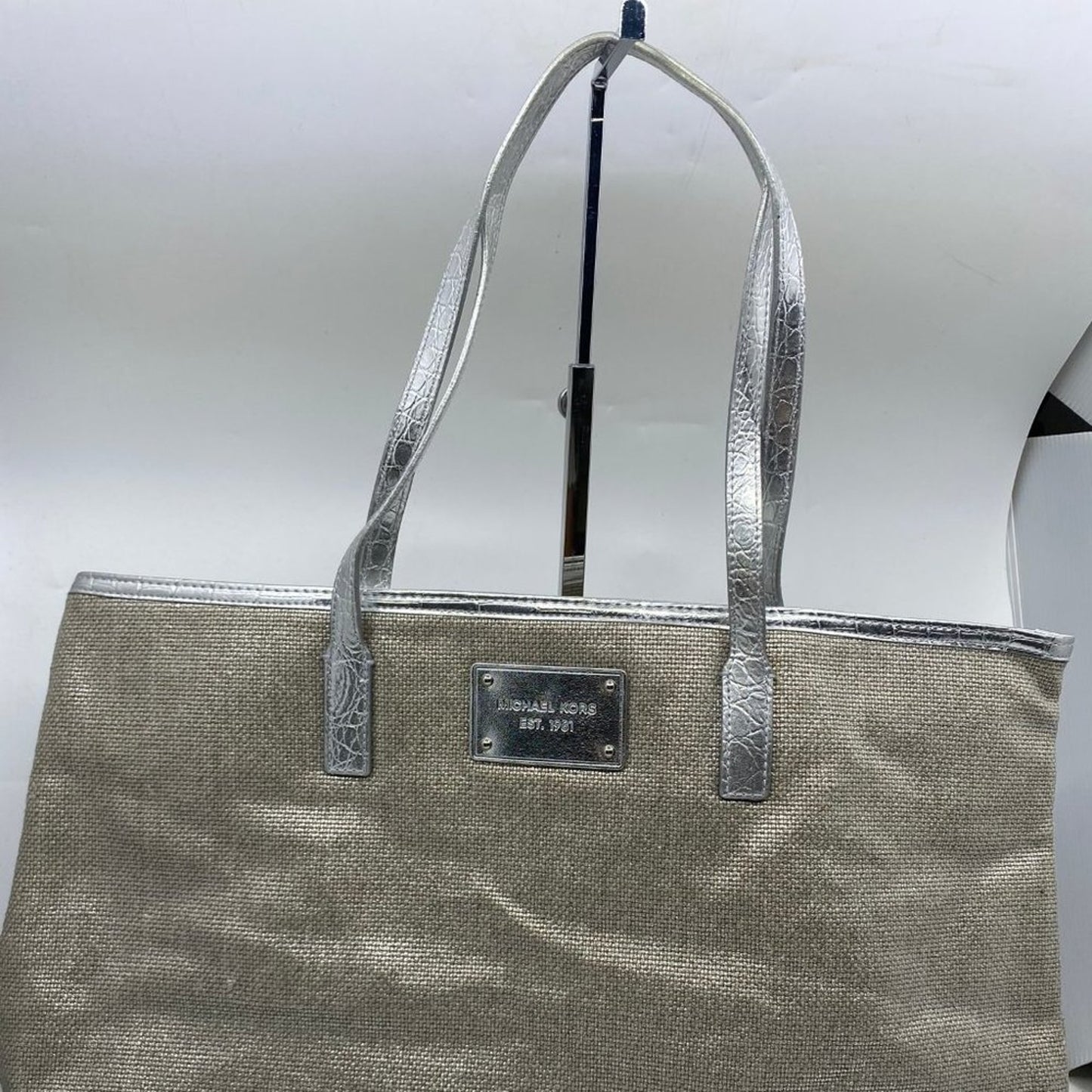 Michael Kors M Tan Interwoven Canvas Shoulder Bag