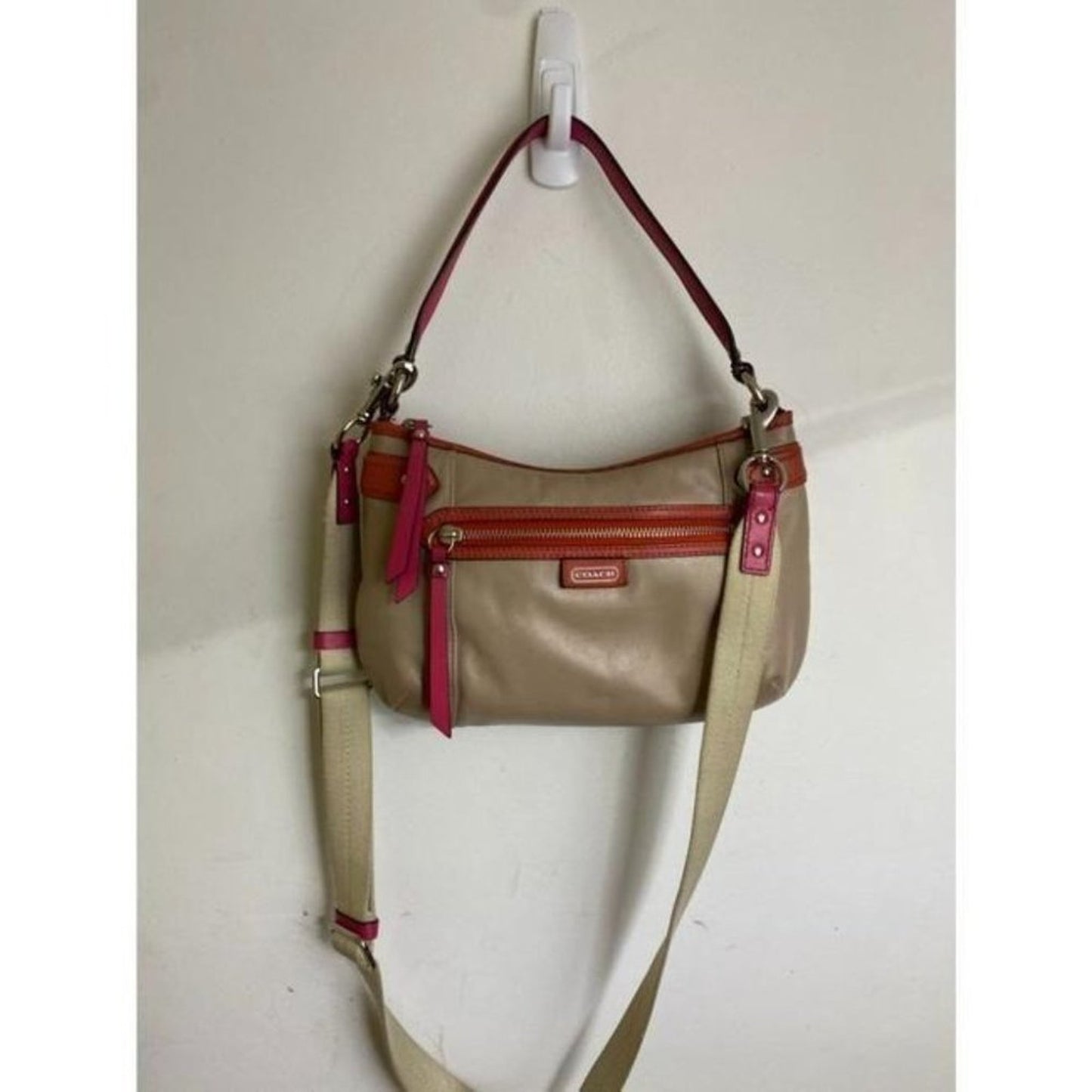 coach medium w adjustable strap tan pink leather c