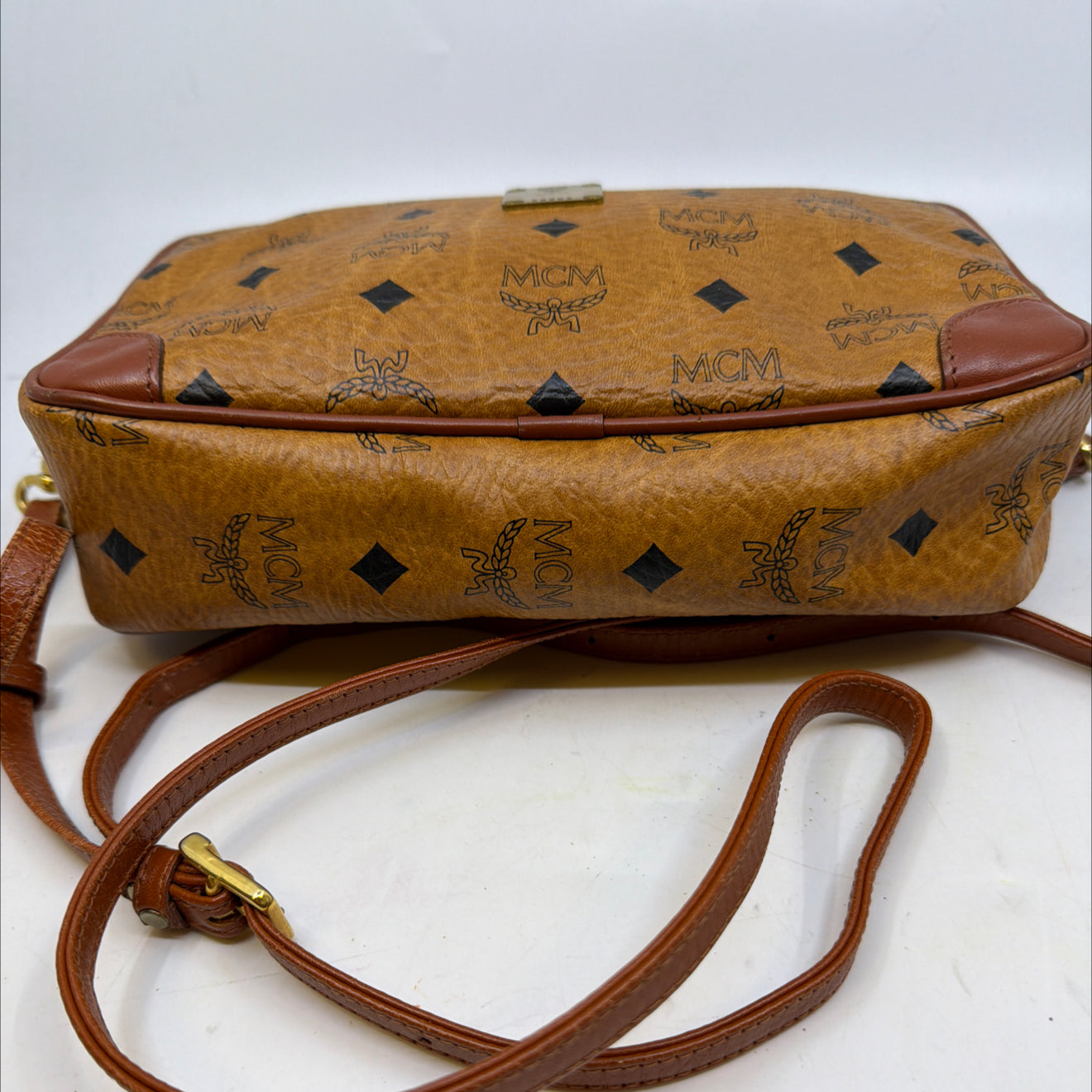 MCM Visetos Camera Cognac Coated Canvas Crossbody Bag