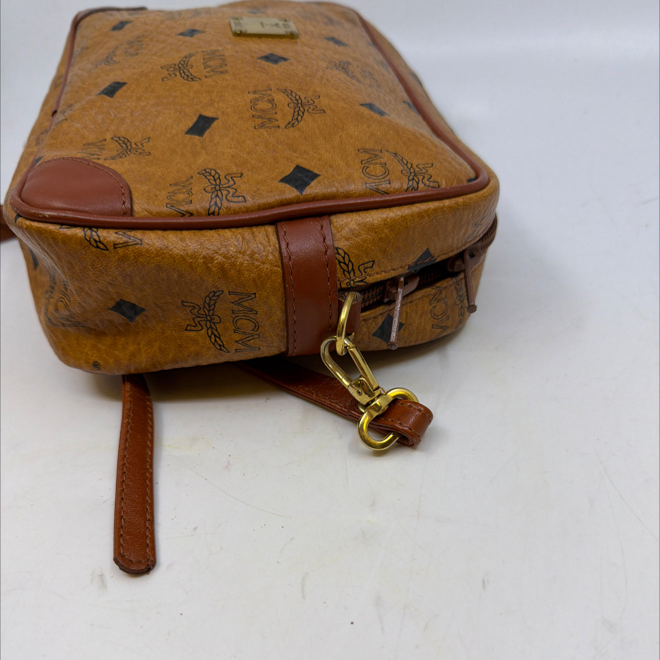 MCM Visetos Camera Cognac Coated Canvas Crossbody Bag