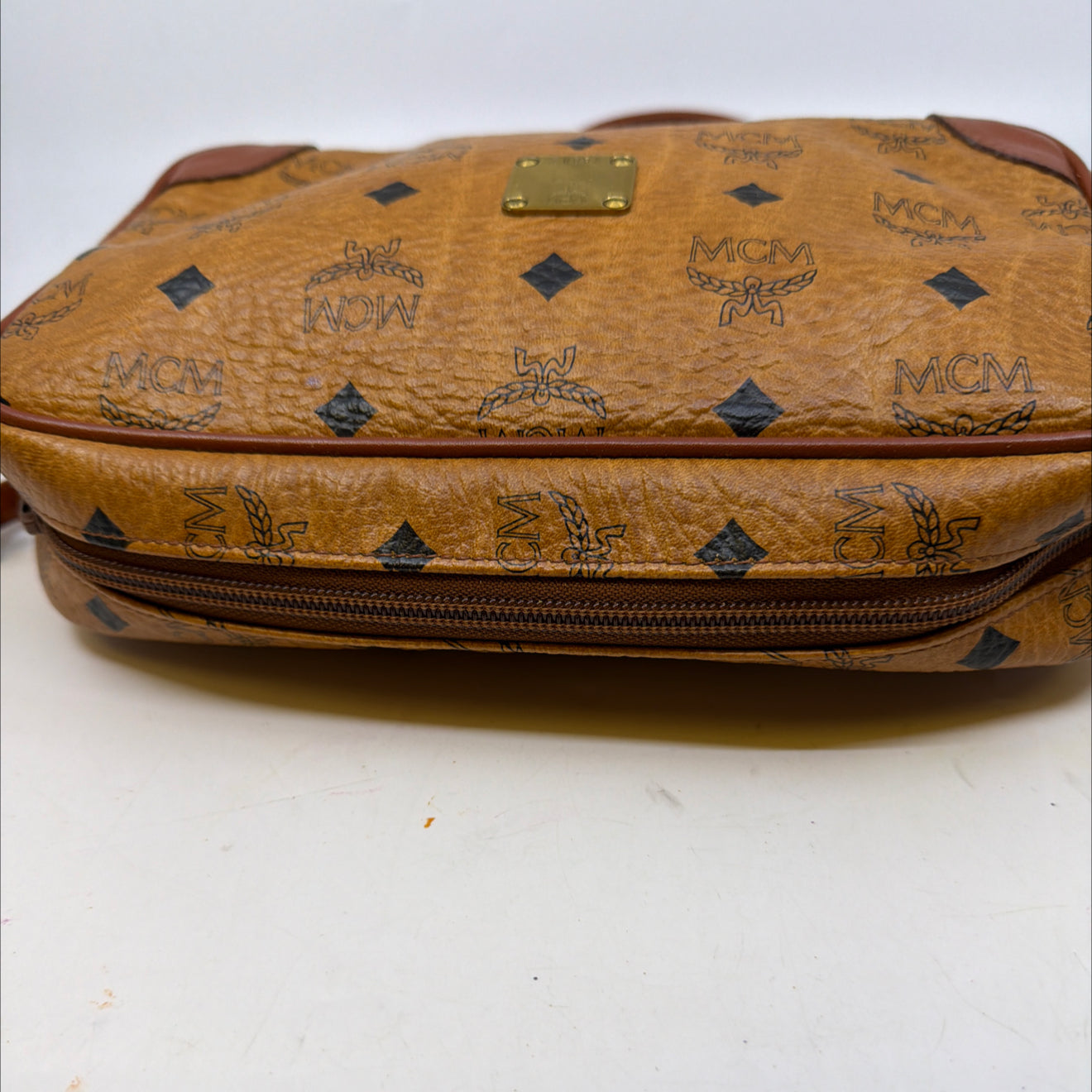 MCM Visetos Camera Cognac Coated Canvas Crossbody Bag