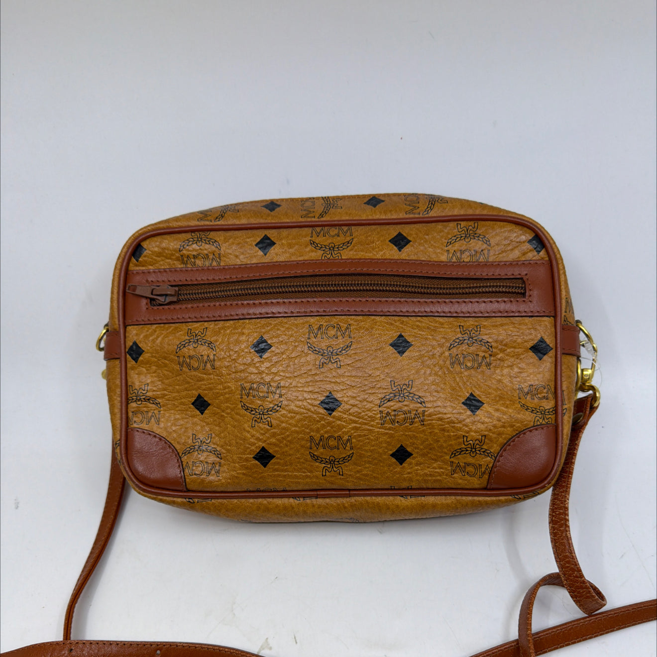 MCM Visetos Camera Cognac Coated Canvas Crossbody Bag