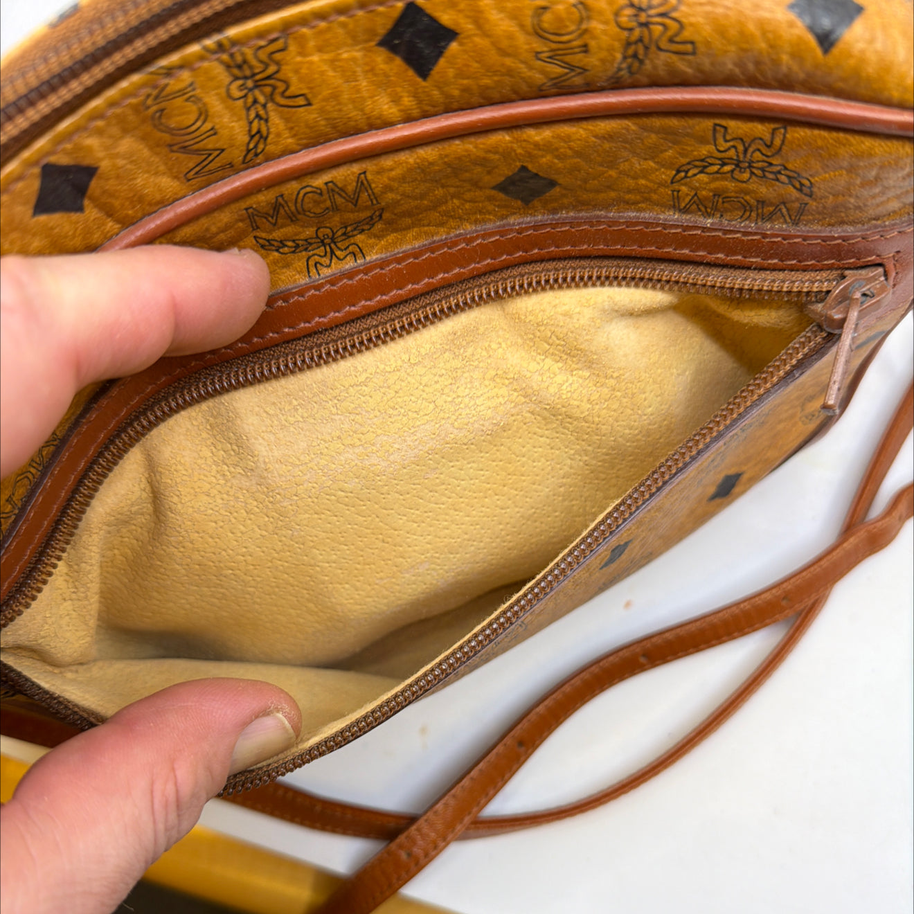 MCM Visetos Camera Cognac Coated Canvas Crossbody Bag