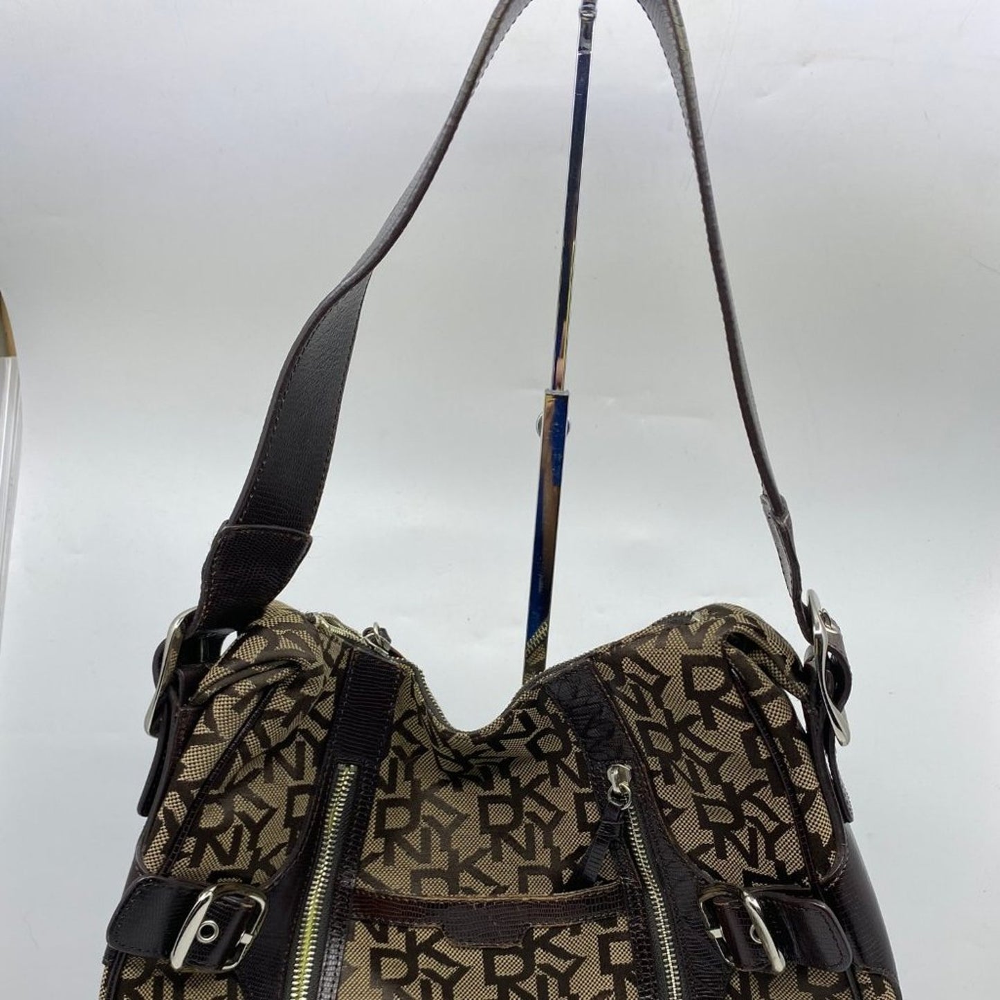 DKNY Brown Tan All Over Logo Fabric Hobo Bag
