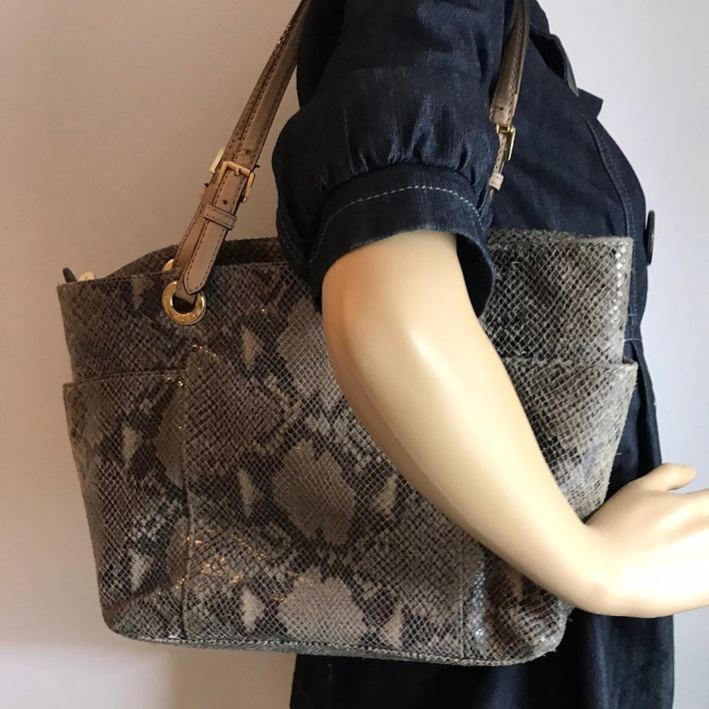 Michael Kors Gray Tan Snake Print Leather Tote Bag