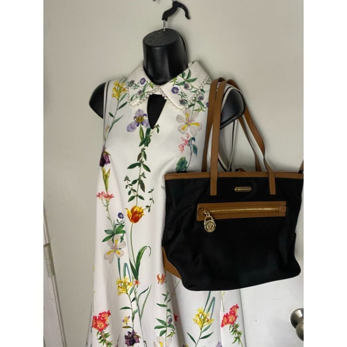 Michael Kors Nylon Black Tan Shoulder Tote Bag LG