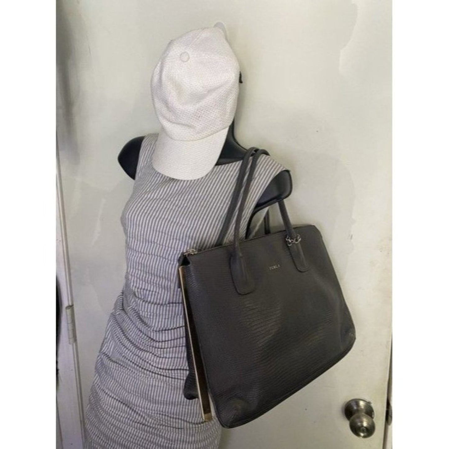 Furla Unique Vintage Snake Print Metal Side Supports Gray Leather Tote