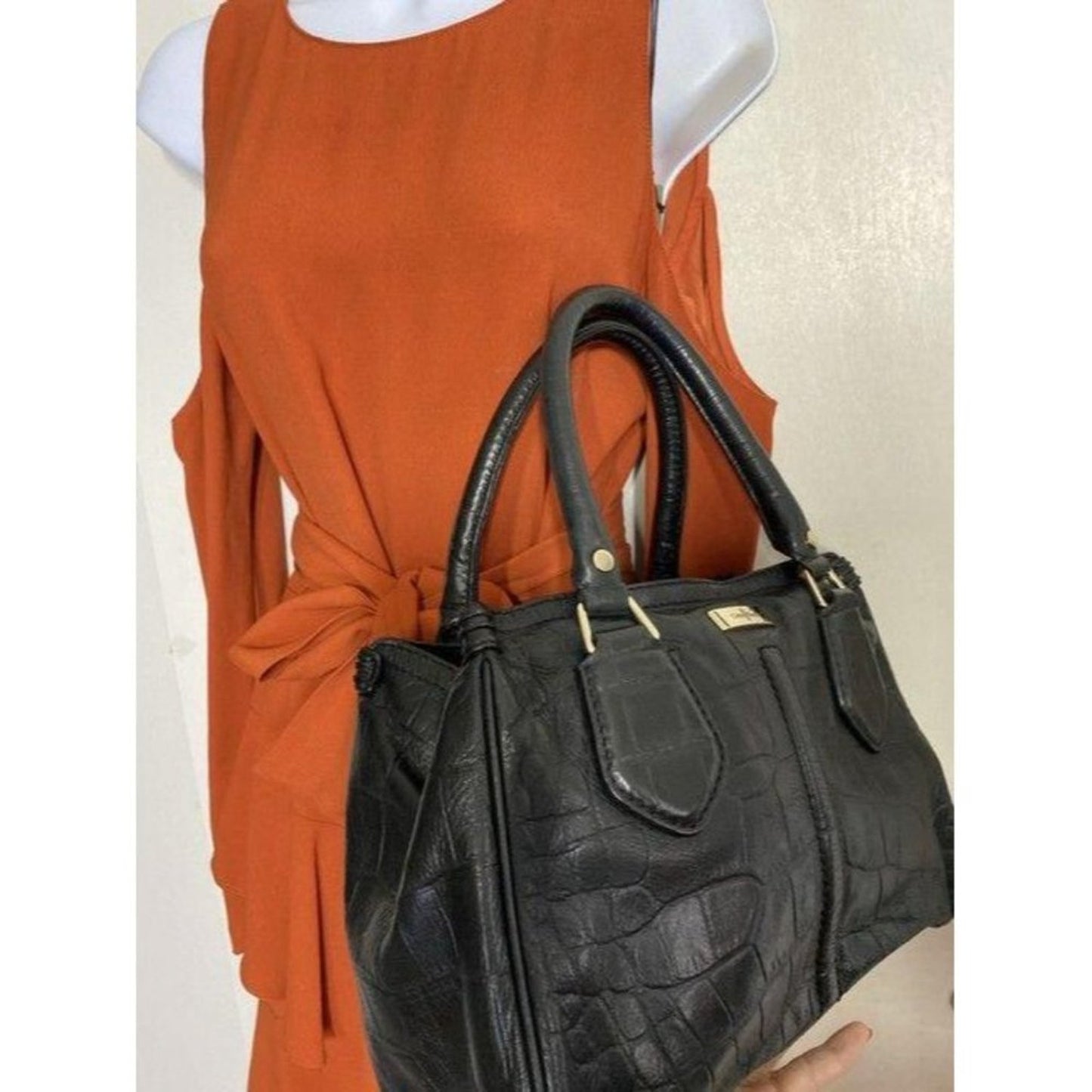 cole haan croc embossed handbag black leather tote