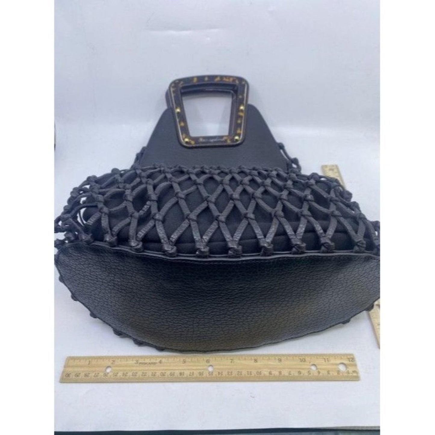 Dolce And Gabbana Woven With Tortoise Wood Handle Black Leather Tote