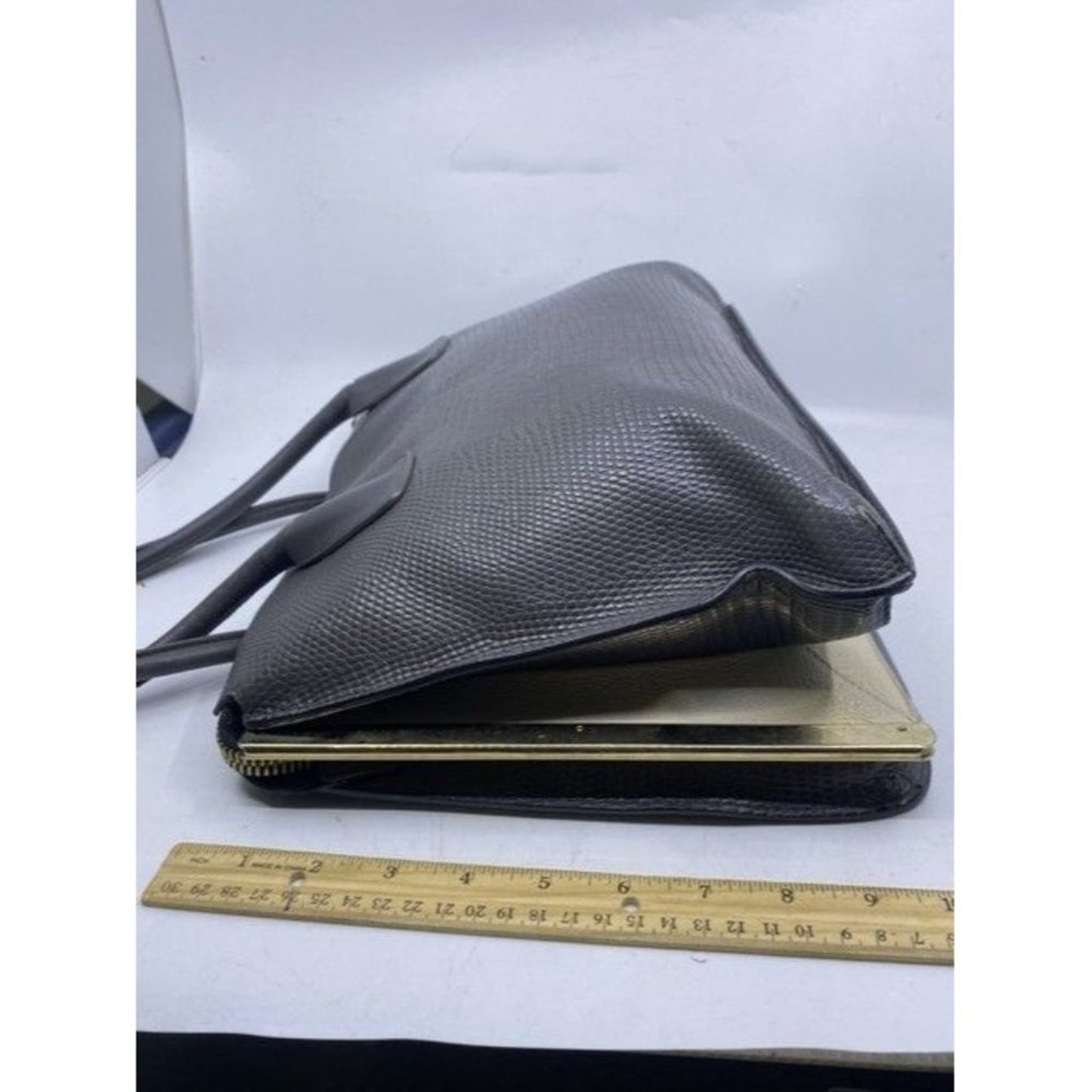 Furla Unique Vintage Snake Print Metal Side Supports Gray Leather Tote