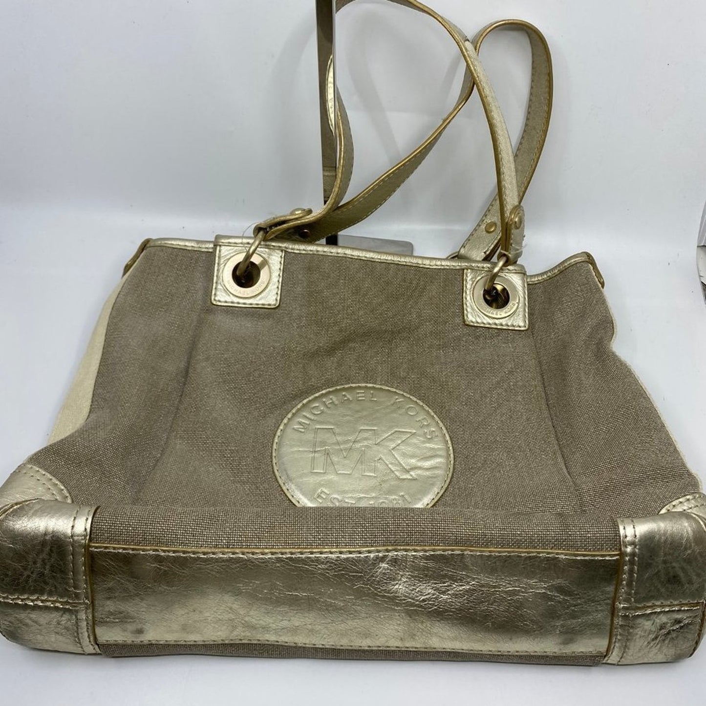 Michael Kors M Tan Interwoven Canvas Shoulder Bag