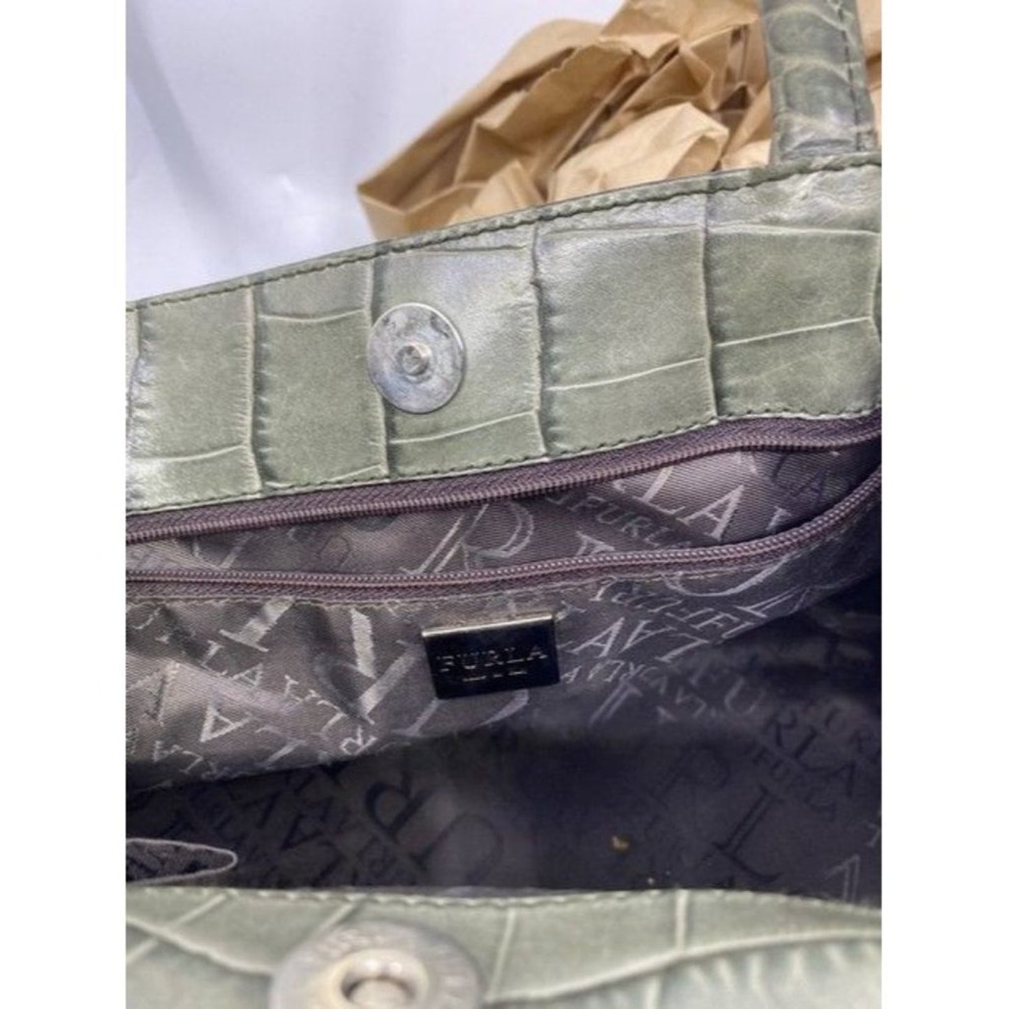 Furla Croco Embossed Bowler Green Leather Shoulder Bag