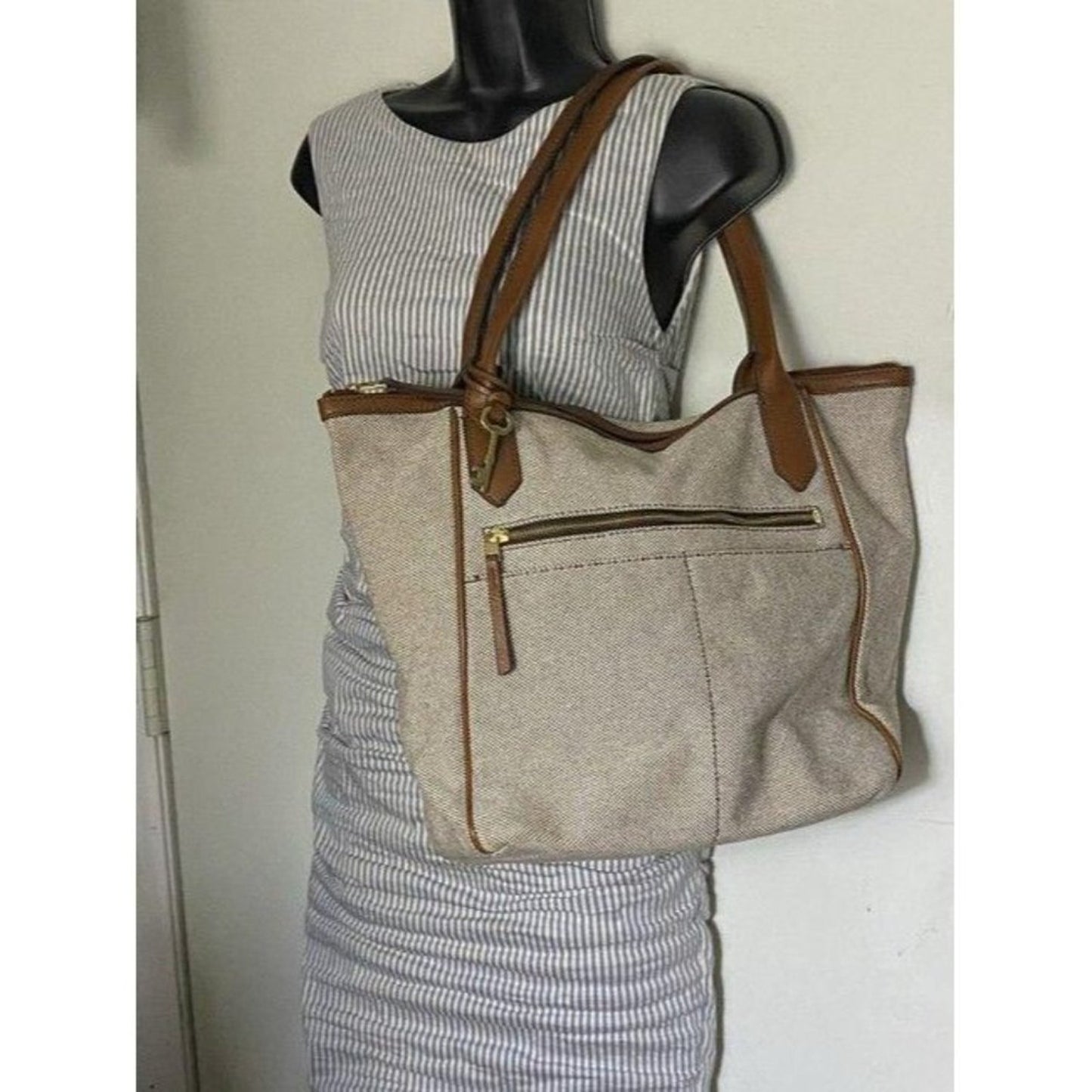 Fossil Tote Brown White Nylon Fabric Shoulder Bag