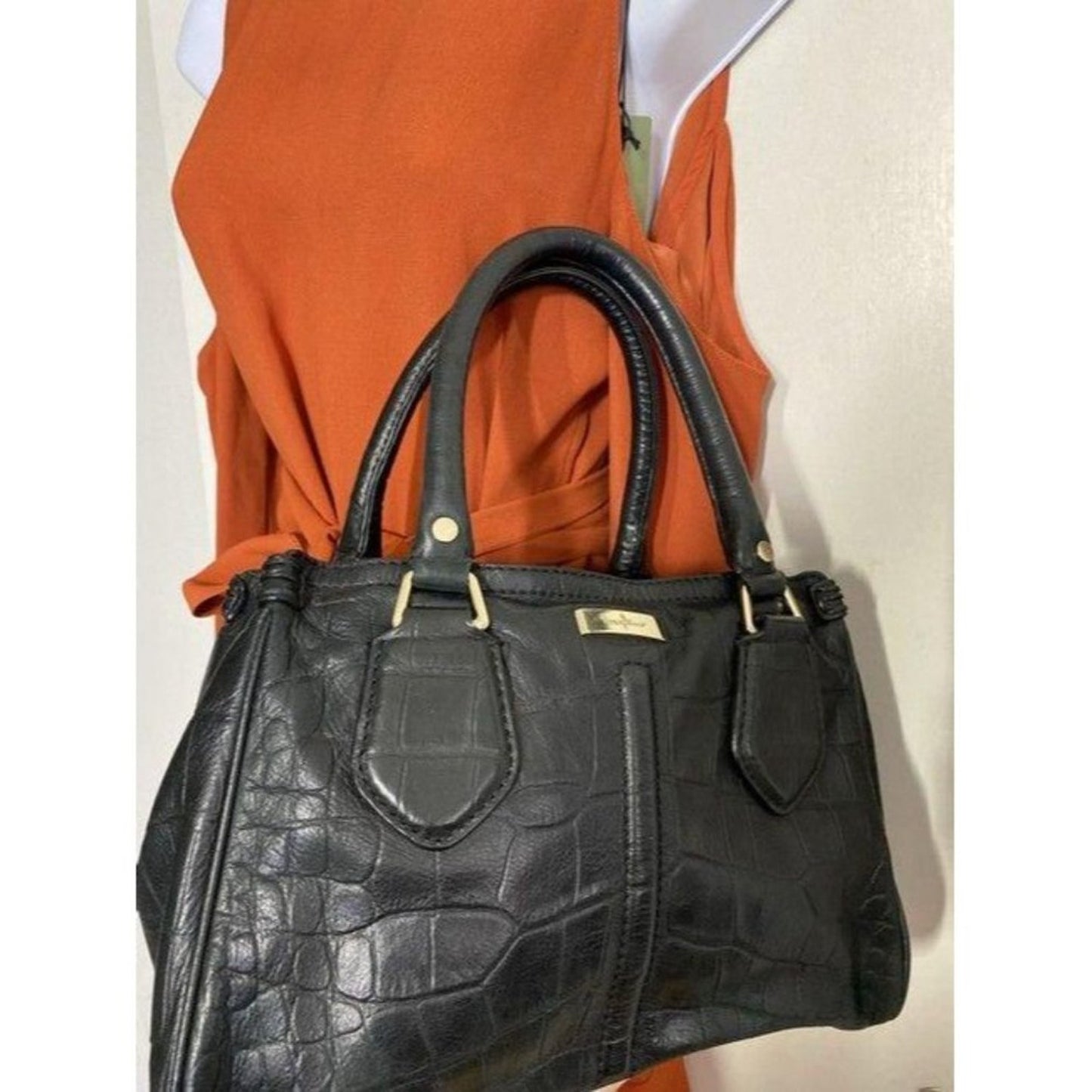 cole haan croc embossed handbag black leather tote