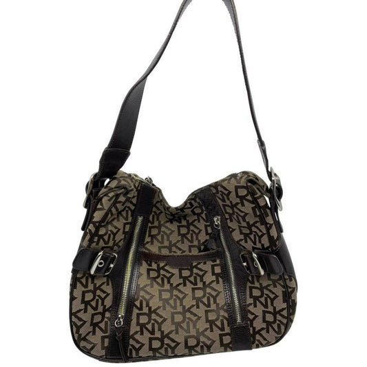DKNY Brown Tan All Over Logo Fabric Hobo Bag