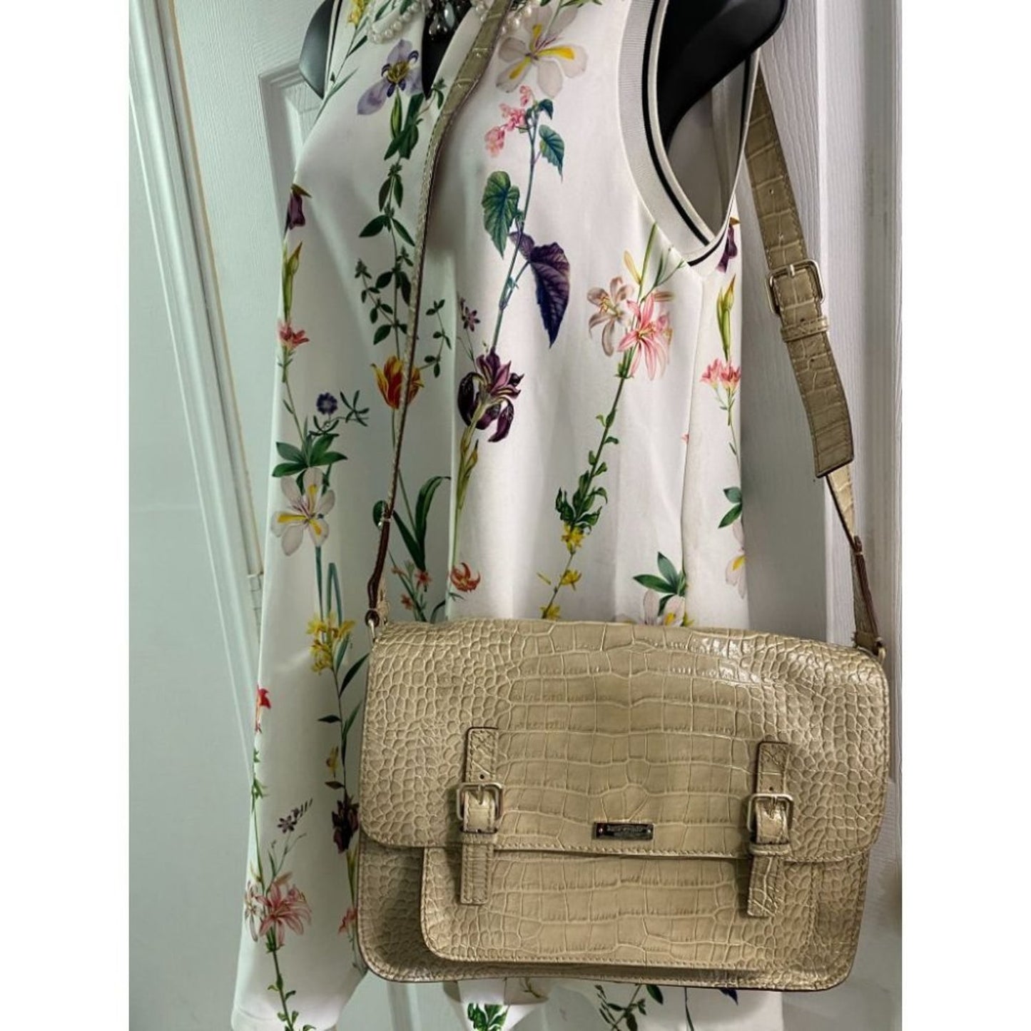 KATE SPADE Tan Patent Croc Embossed Messenger Bag