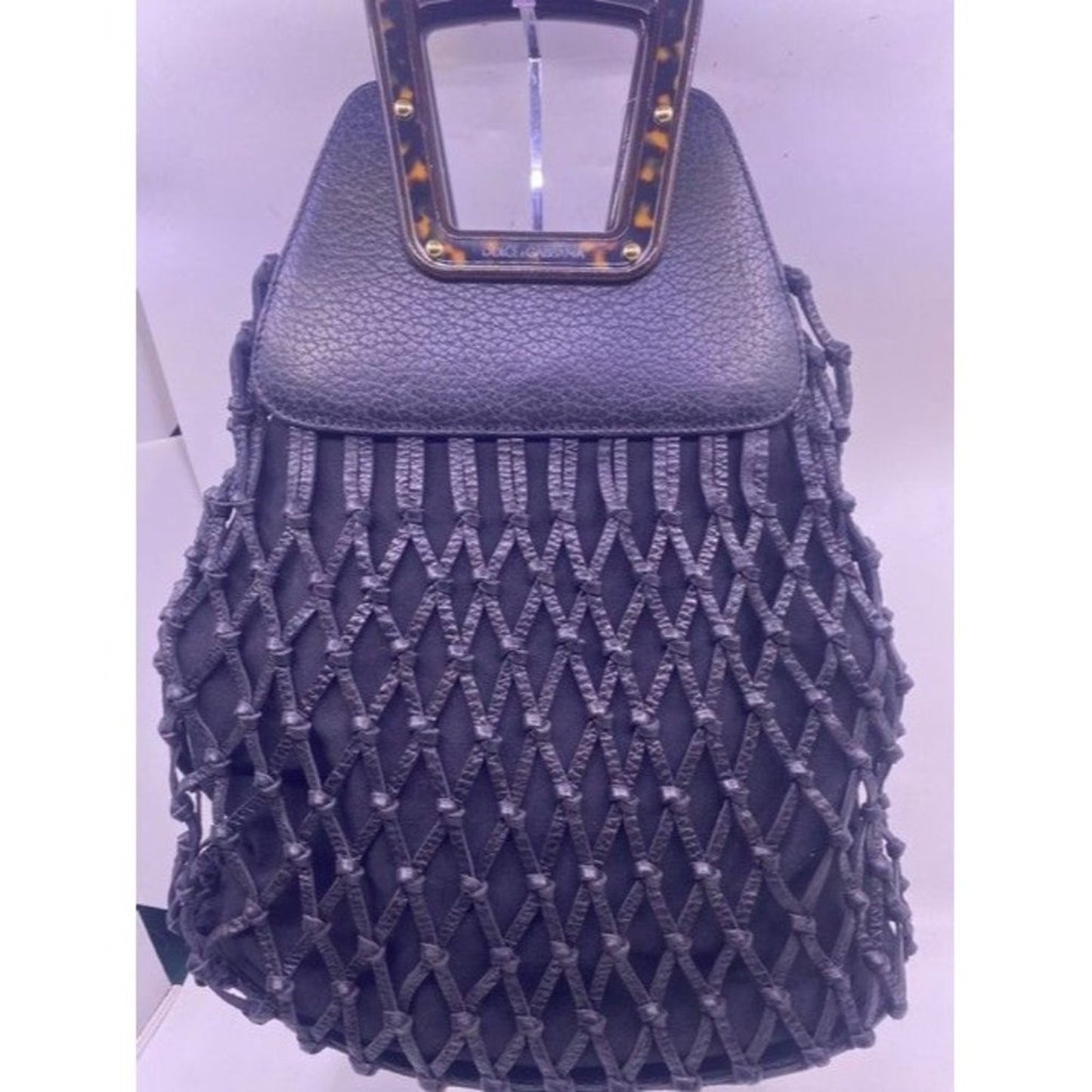 Dolce And Gabbana Woven With Tortoise Wood Handle Black Leather Tote