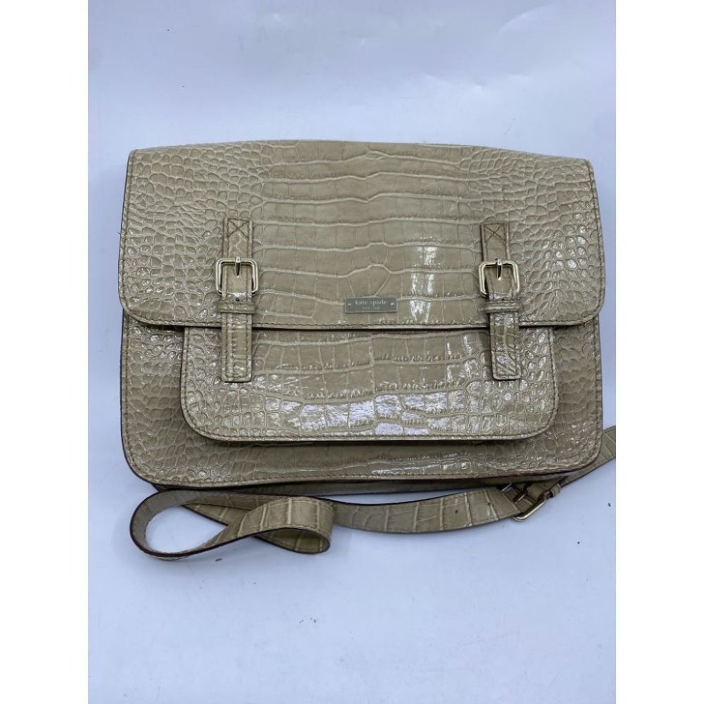 KATE SPADE Tan Patent Croc Embossed Messenger Bag