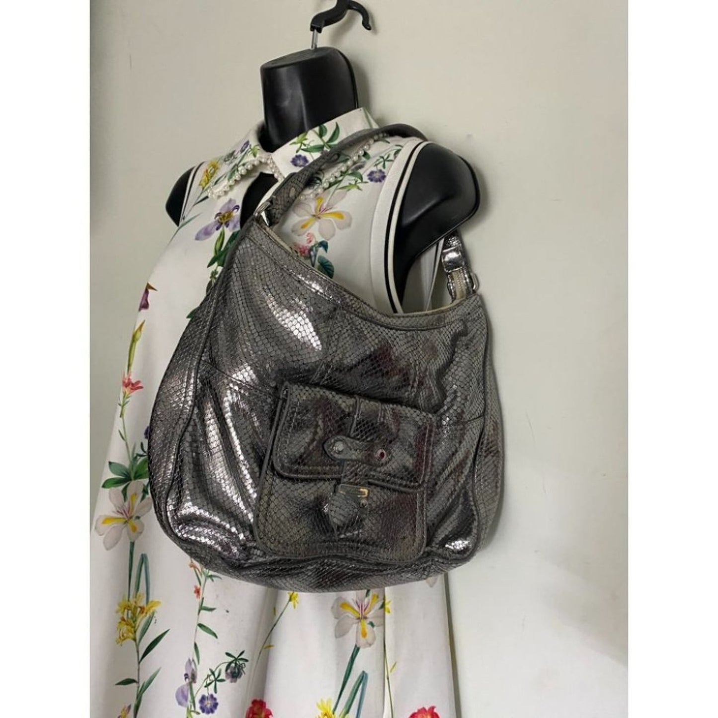 COLE HAAN Silver Snake Print Leather Hobo Bag
