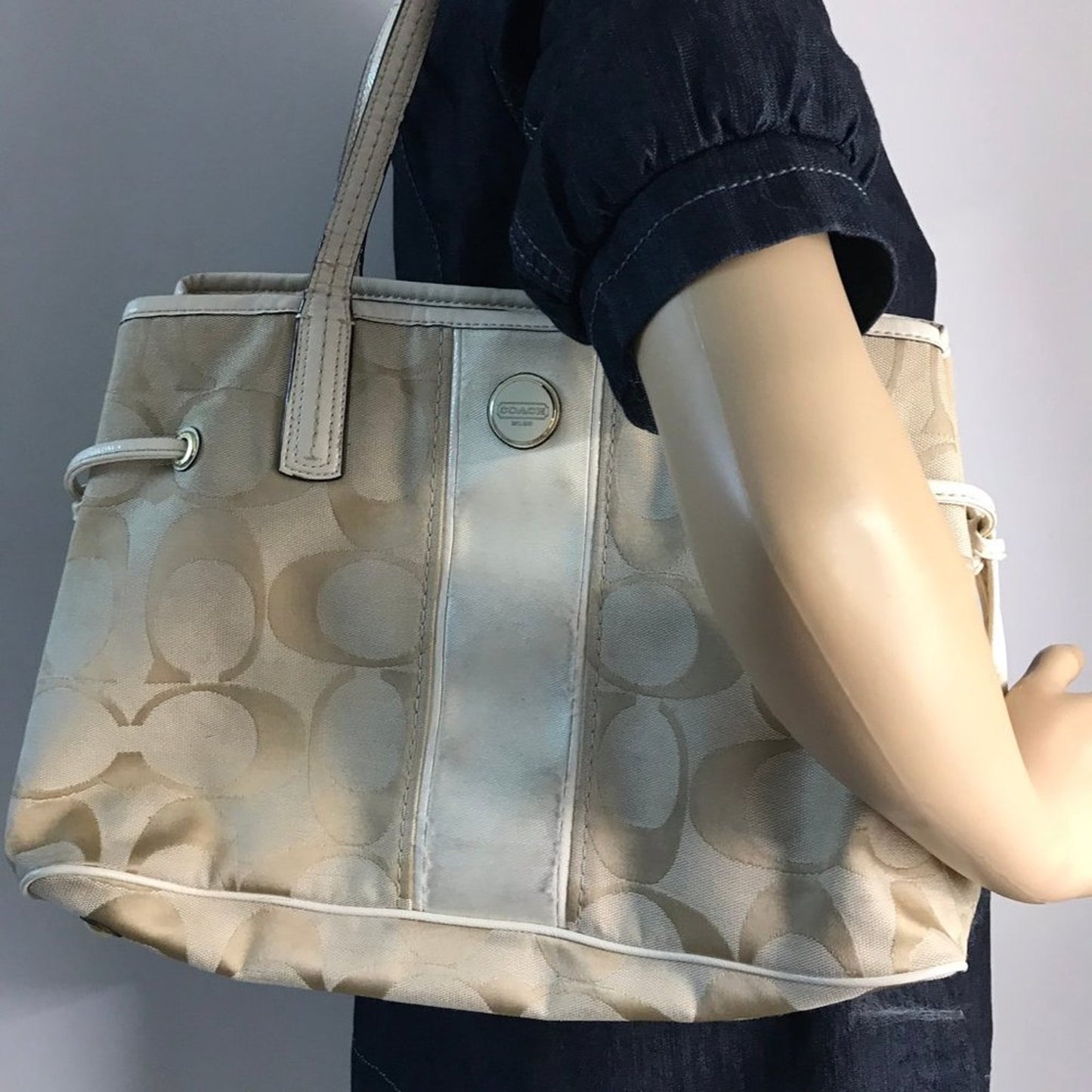 Coach Tan Cream Medium Fabric Shoppers Tote Bag